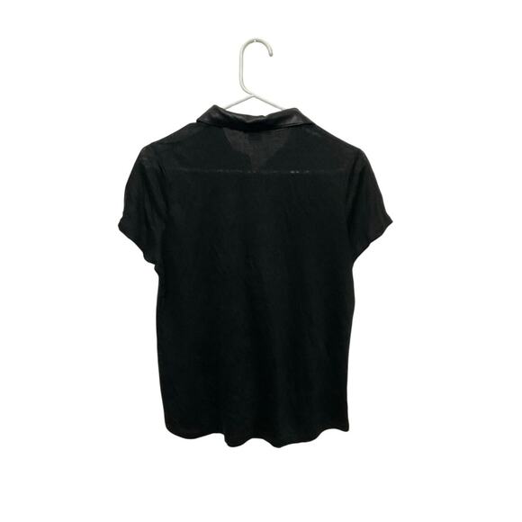 Vince Faux Leather Trim Linen Black Top Size Small Short Sleeve $245 Lightweight - Picture 4 of 6